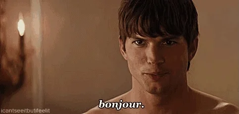 Ashton Kutcher seductively saying Bonjour gif