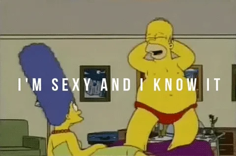 Homer Simpson dancing in his little red panties in front of Marge