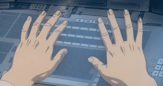 Animation of hands rapidly typing on a futuristic interface or control panel, executing complex commands on a high-tech system.