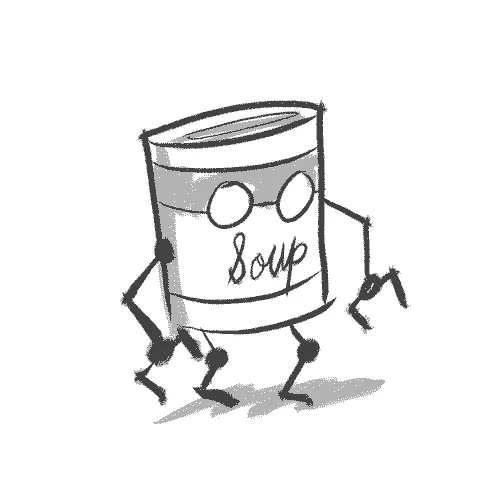 A black and white picture of an animated can of soup with a heading above it stating "Wutz Soup."