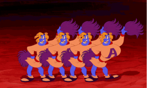 Genie in Aladdin made four of himself in cheerleading outfits with a giant A on the front to cheer for Aladdin, who is not shown.