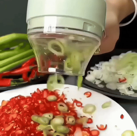 Electric vegetable chopper slicing vegetables