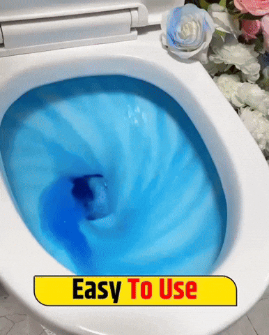 Animated GIF of a toilet cleaning tablet cleaning a toilet bowl