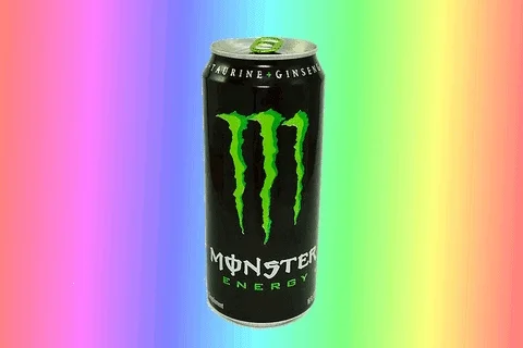 A can of Monster energy drink in front of a flickering rainbow background